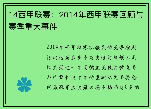 14西甲联赛：2014年西甲联赛回顾与赛季重大事件